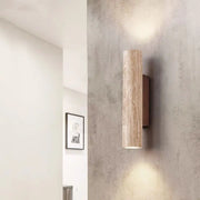 Contemporary Scandinavian Cylinder Round Yellow Travertine Wood 2-Light Wall Sconce Lamp For Living Room Cuvalon