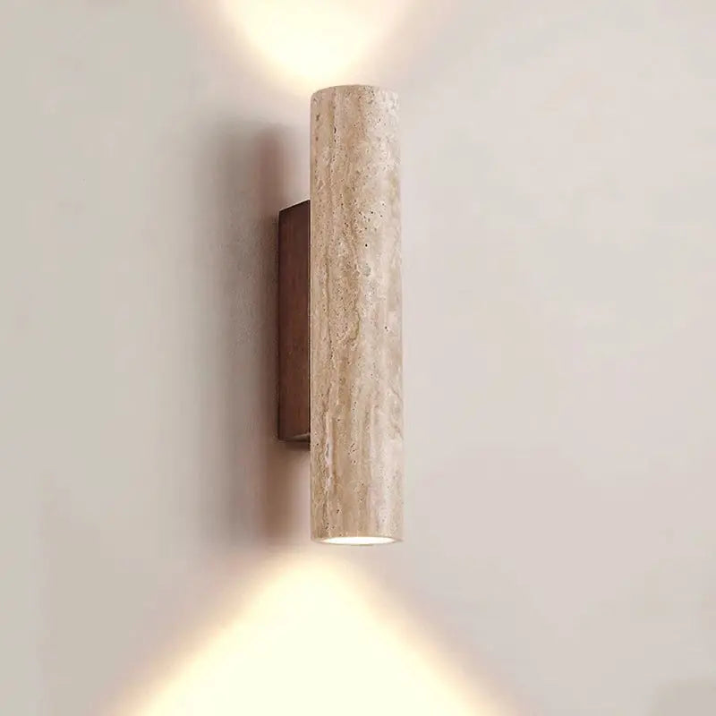 Contemporary Scandinavian Cylinder Round Yellow Travertine Wood 2-Light Wall Sconce Lamp For Living Room Cuvalon