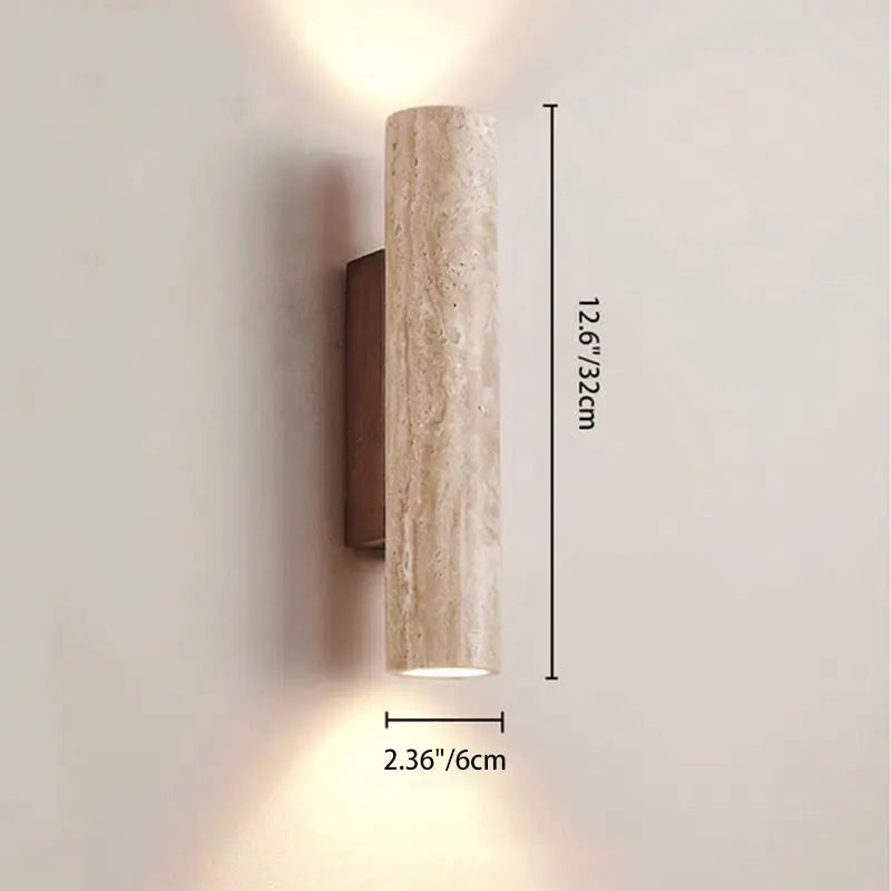 Contemporary Scandinavian Cylinder Round Yellow Travertine Wood 2-Light Wall Sconce Lamp For Living Room Cuvalon