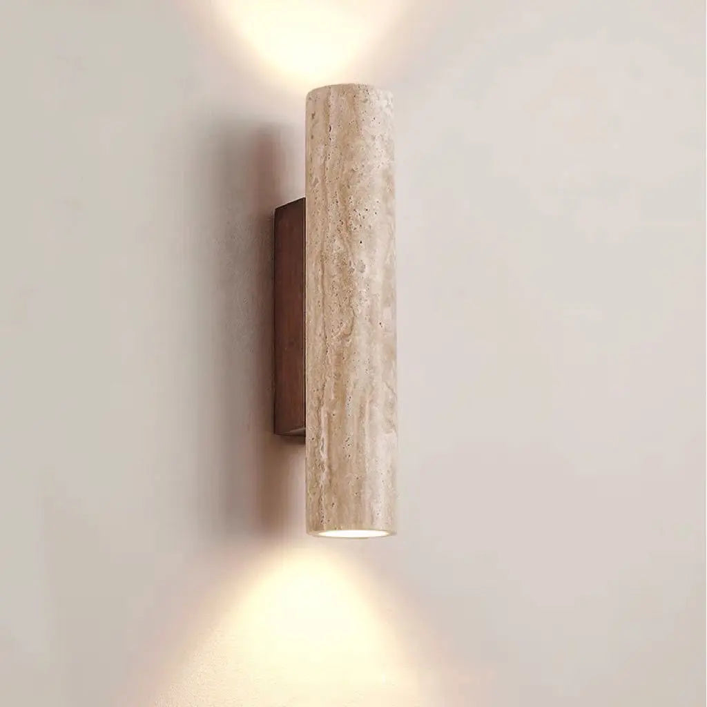 Contemporary Scandinavian Cylinder Round Yellow Travertine Wood 2-Light Wall Sconce Lamp For Living Room Cuvalon