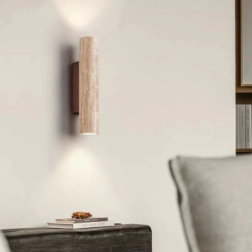 Contemporary Scandinavian Cylinder Round Yellow Travertine Wood 2-Light Wall Sconce Lamp For Living Room Cuvalon