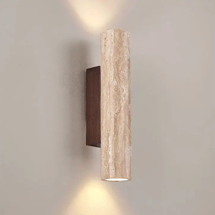 Contemporary Scandinavian Cylinder Round Yellow Travertine Wood 2-Light Wall Sconce Lamp For Living Room Cuvalon
