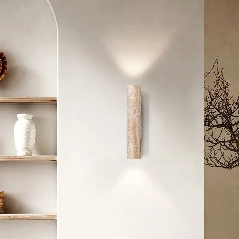 Contemporary Scandinavian Cylinder Round Yellow Travertine Wood 2-Light Wall Sconce Lamp For Living Room Cuvalon