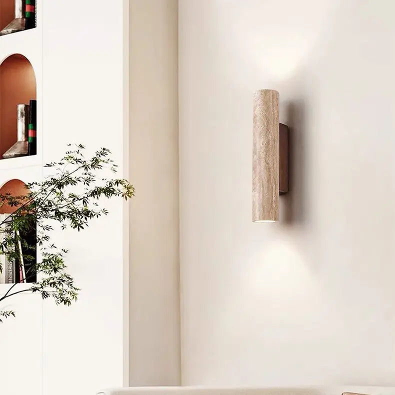 Contemporary Scandinavian Cylinder Round Yellow Travertine Wood 2-Light Wall Sconce Lamp For Living Room Cuvalon