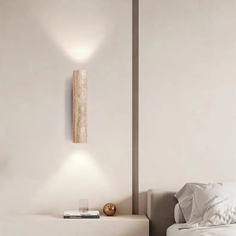 Contemporary Scandinavian Cylinder Round Yellow Travertine Wood 2-Light Wall Sconce Lamp For Living Room Cuvalon