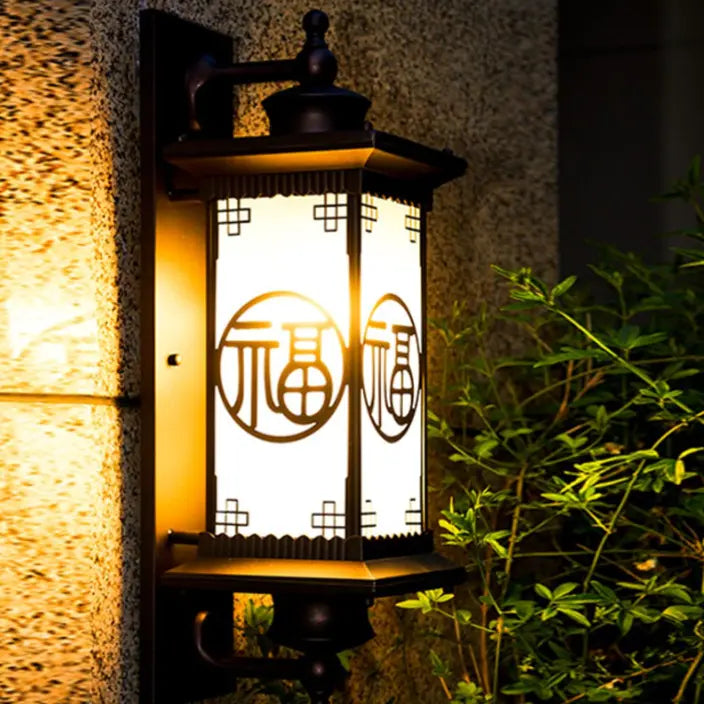 Traditional Chinese Square House Rectangle Glass Aluminum Hardware 1-Light Wall Sconce Lamp For Outdoor Patio Cuvalon