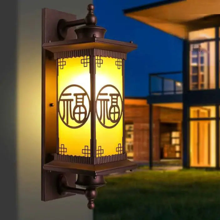 Traditional Chinese Square House Rectangle Glass Aluminum Hardware 1-Light Wall Sconce Lamp For Outdoor Patio Cuvalon