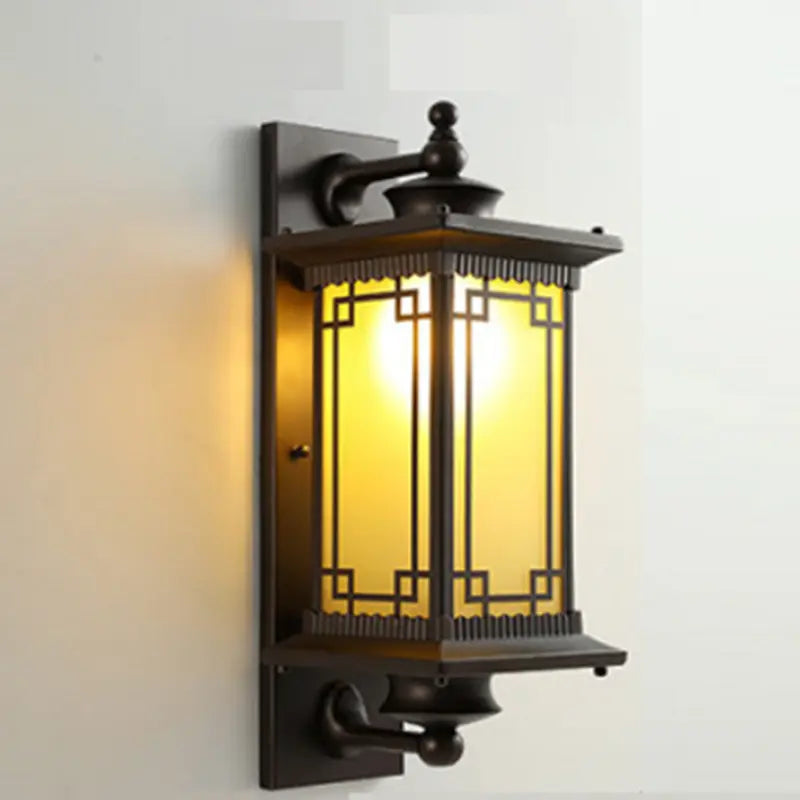 Traditional Chinese Square House Rectangle Glass Aluminum Hardware 1-Light Wall Sconce Lamp For Outdoor Patio Cuvalon