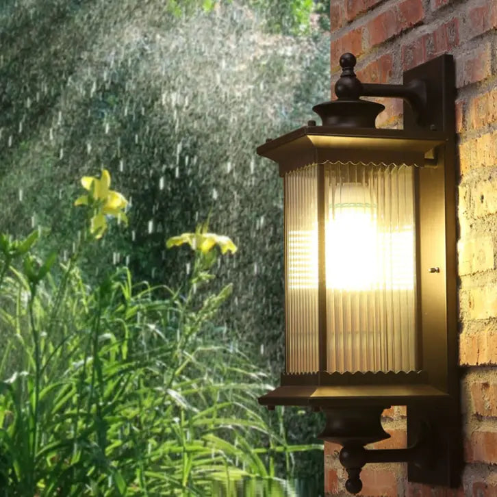 Traditional Chinese Square House Rectangle Glass Aluminum Hardware 1-Light Wall Sconce Lamp For Outdoor Patio Cuvalon