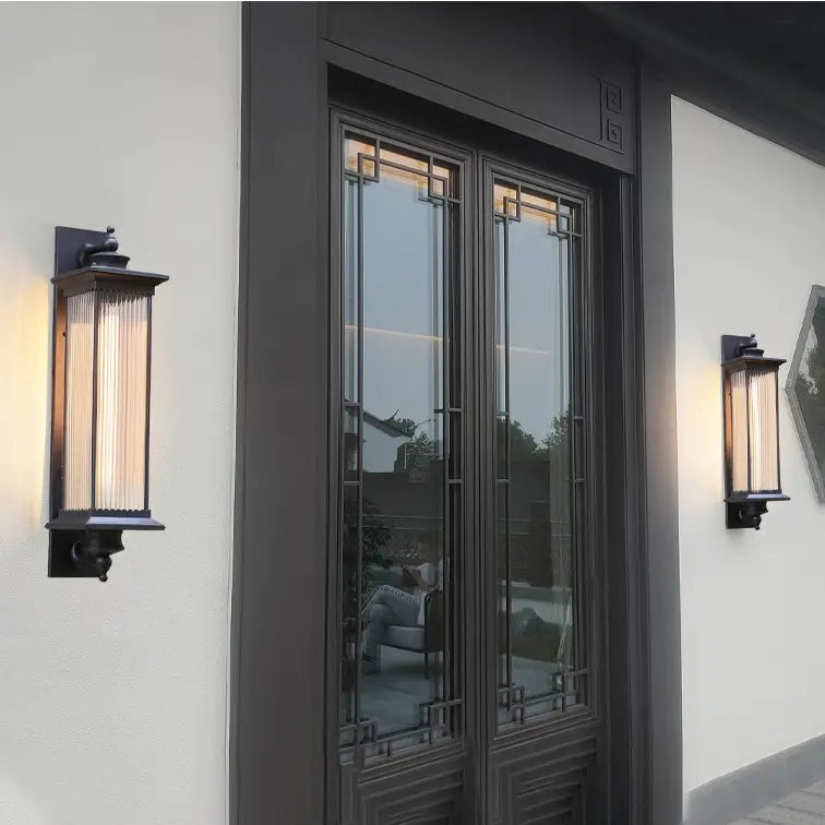 Traditional Chinese Square House Rectangle Glass Aluminum Hardware 1-Light Wall Sconce Lamp For Outdoor Patio Cuvalon