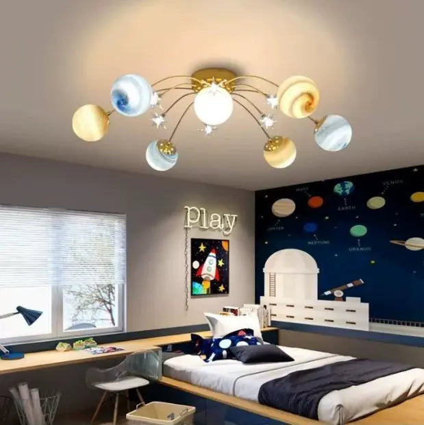 Contemporary Nordic Kids Iron Glass Ball Earth Planet 13-Light Semi-Flush Mount Ceiling Light For Bedroom Cuvalon