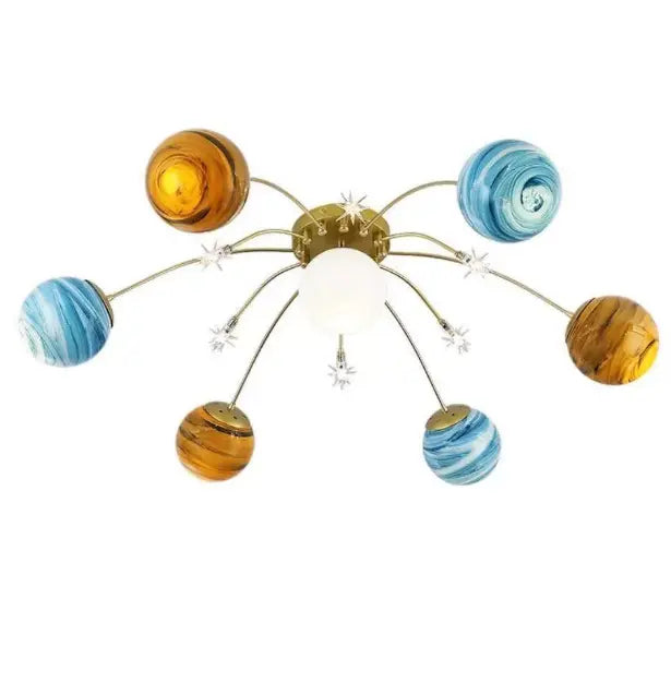 Contemporary Nordic Kids Iron Glass Ball Earth Planet 13-Light Semi-Flush Mount Ceiling Light For Bedroom Cuvalon
