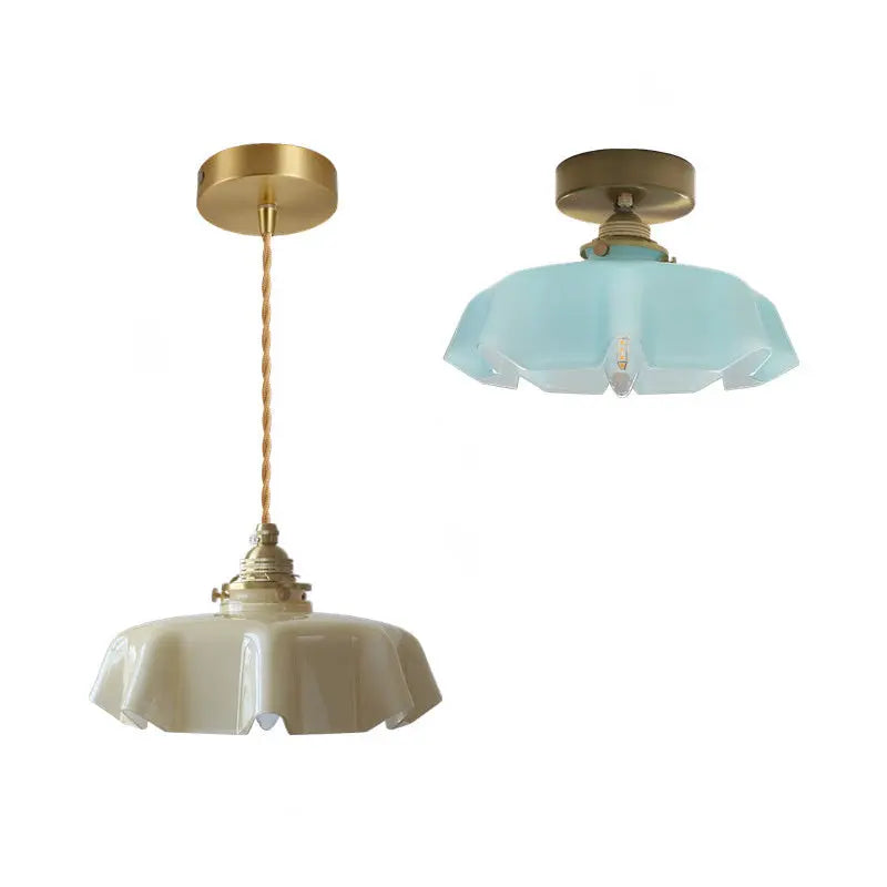 Traditional French Brass Glass Iron Round Folded 1-Light Semi-Flush Mount Ceiling Light For Hallway Cuvalon