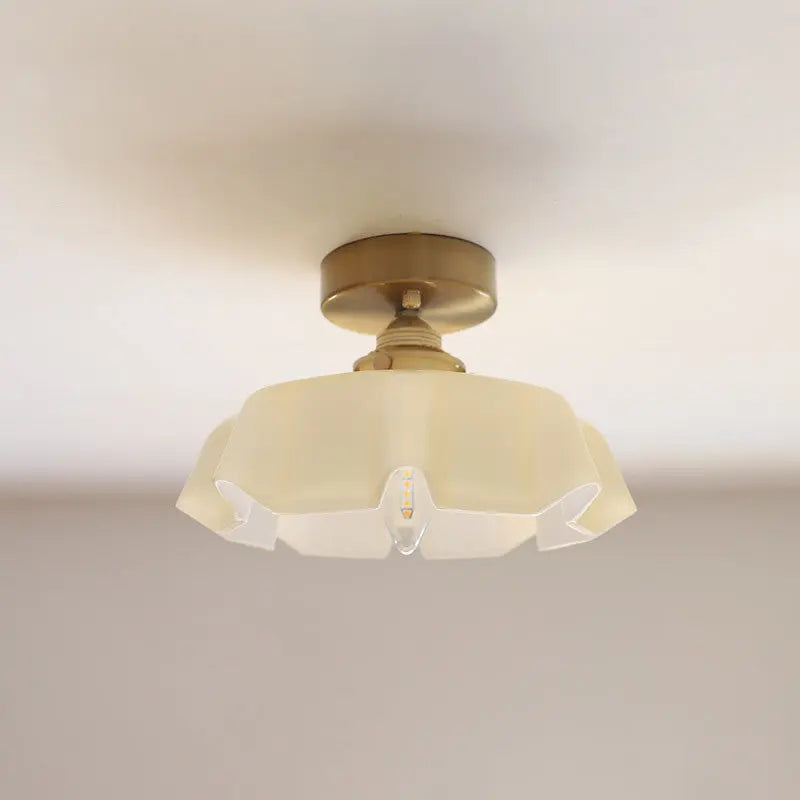 Traditional French Brass Glass Iron Round Folded 1-Light Semi-Flush Mount Ceiling Light For Hallway Cuvalon