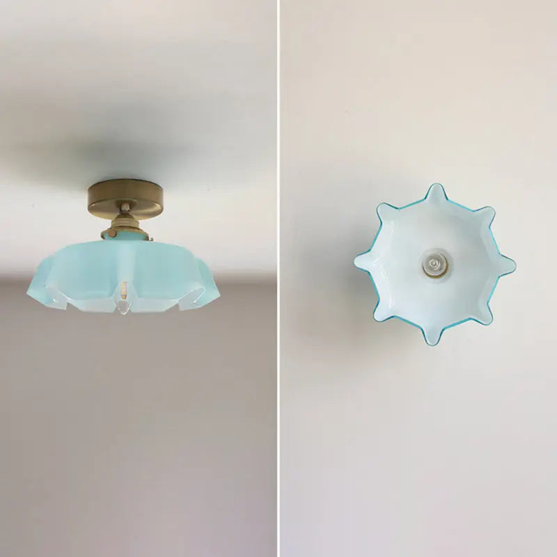 Traditional French Brass Glass Iron Round Folded 1-Light Semi-Flush Mount Ceiling Light For Hallway Cuvalon