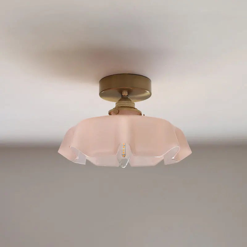 Traditional French Brass Glass Iron Round Folded 1-Light Semi-Flush Mount Ceiling Light For Hallway Cuvalon