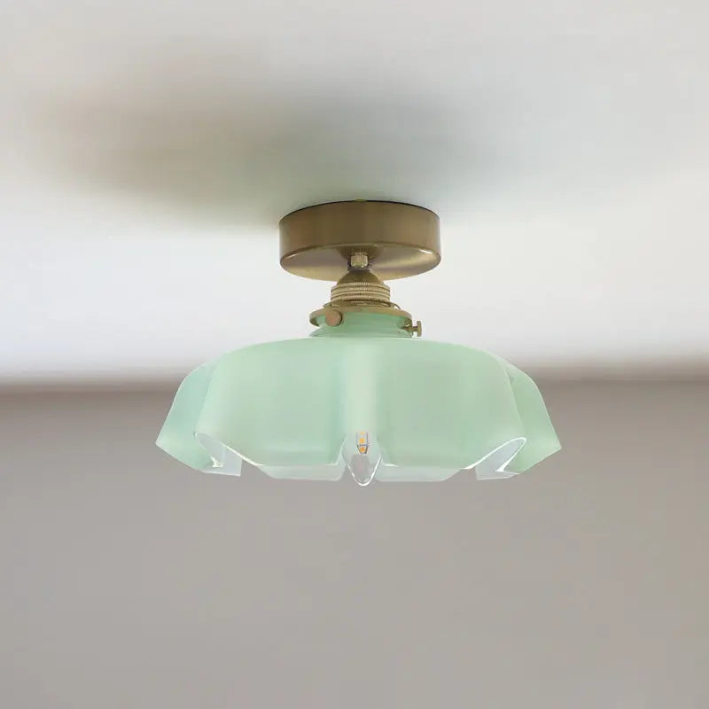 Traditional French Brass Glass Iron Round Folded 1-Light Semi-Flush Mount Ceiling Light For Hallway Cuvalon