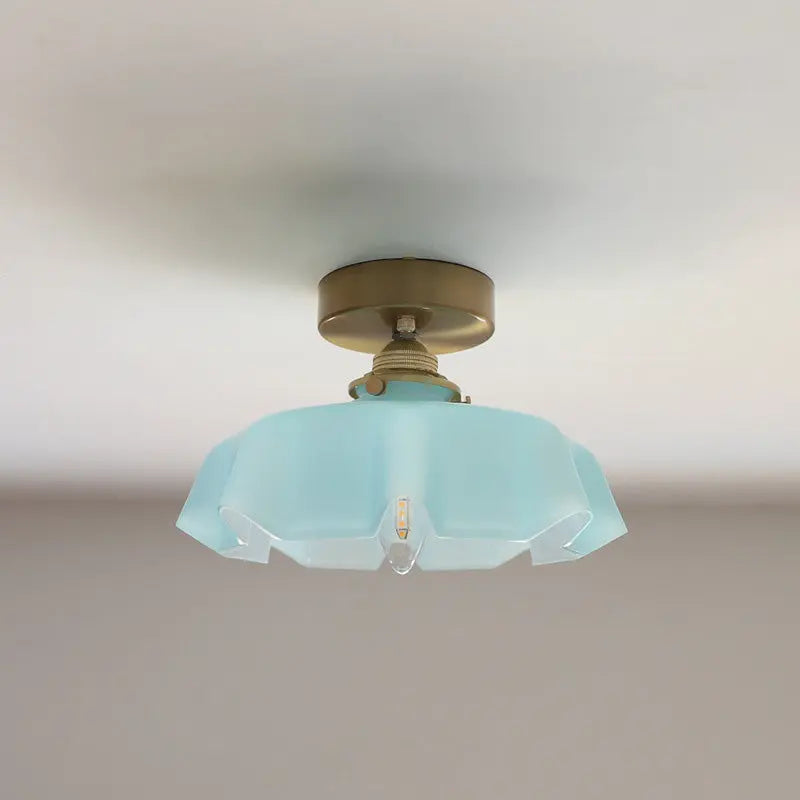 Traditional French Brass Glass Iron Round Folded 1-Light Semi-Flush Mount Ceiling Light For Hallway Cuvalon