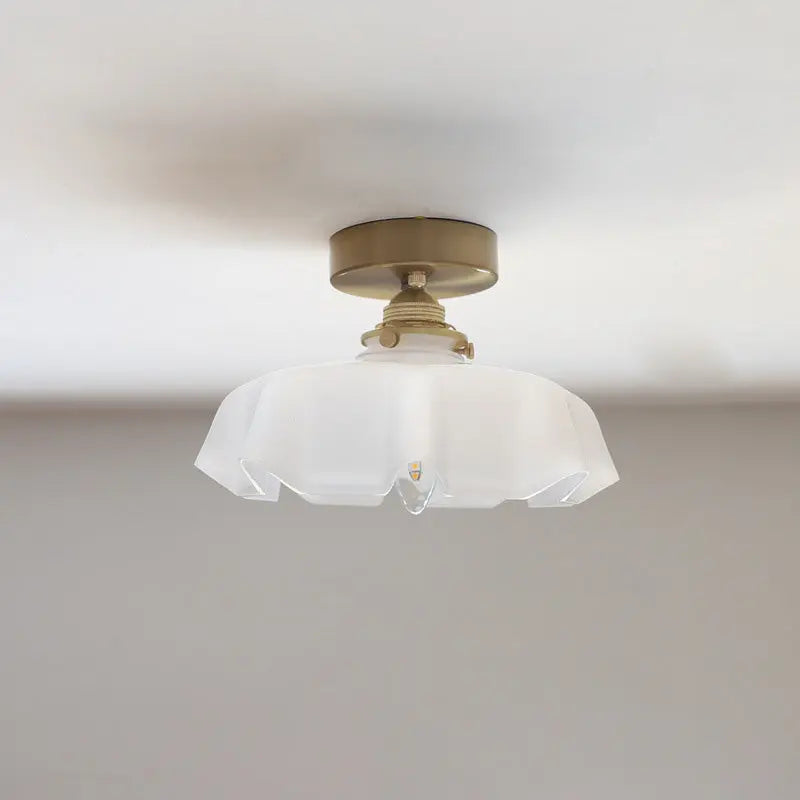Traditional French Brass Glass Iron Round Folded 1-Light Semi-Flush Mount Ceiling Light For Hallway Cuvalon