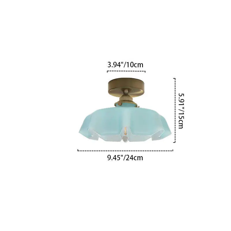 Traditional French Brass Glass Iron Round Folded 1-Light Semi-Flush Mount Ceiling Light For Hallway Cuvalon