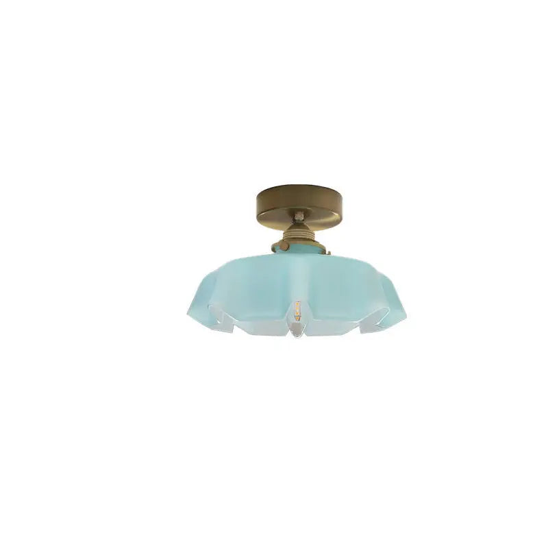 Traditional French Brass Glass Iron Round Folded 1-Light Semi-Flush Mount Ceiling Light For Hallway Cuvalon