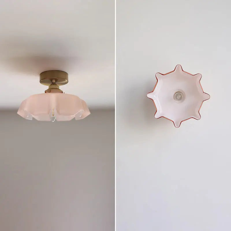 Traditional French Brass Glass Iron Round Folded 1-Light Semi-Flush Mount Ceiling Light For Hallway Cuvalon