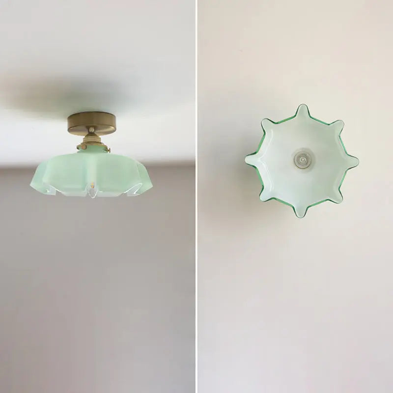 Traditional French Brass Glass Iron Round Folded 1-Light Semi-Flush Mount Ceiling Light For Hallway Cuvalon