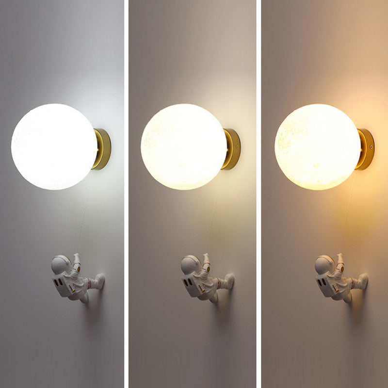 Contemporary Nordic Kids Resin Glass Ball Astronaut Lunar Planet 1-Light Wall Sconce Lamp For Bedside Cuvalon