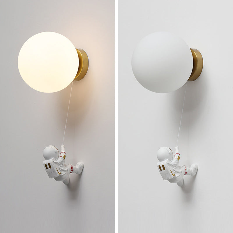 Contemporary Nordic Kids Resin Glass Ball Astronaut Lunar Planet 1-Light Wall Sconce Lamp For Bedside Cuvalon