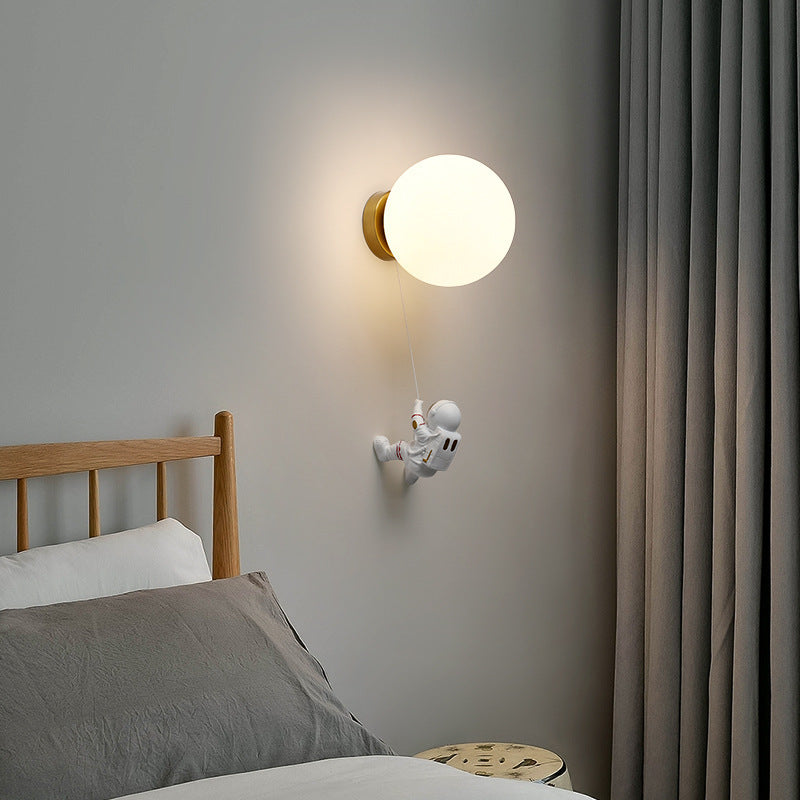 Contemporary Nordic Kids Resin Glass Ball Astronaut Lunar Planet 1-Light Wall Sconce Lamp For Bedside Cuvalon