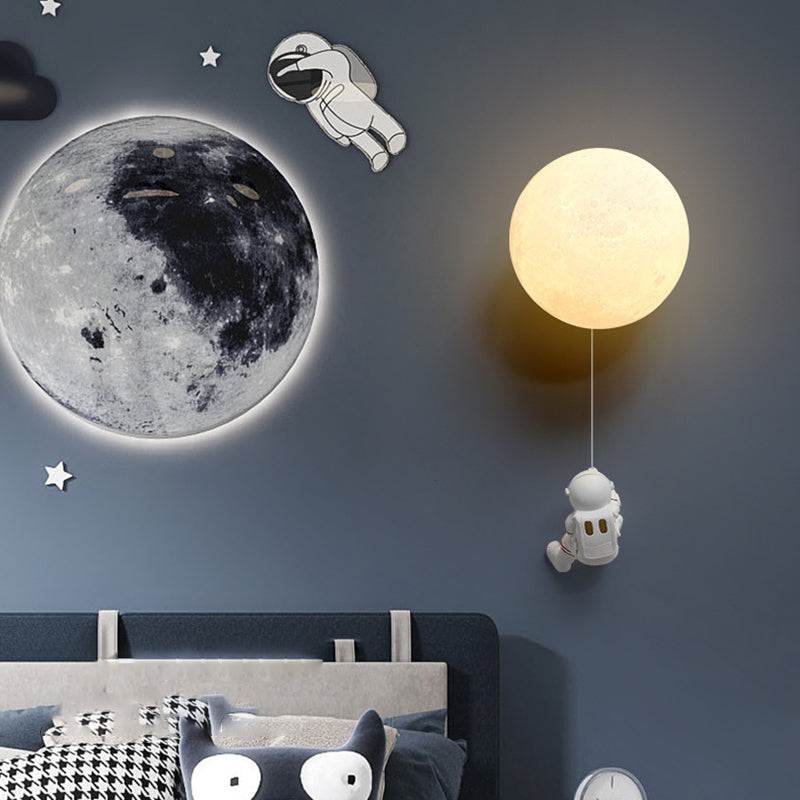 Contemporary Nordic Kids Resin Glass Ball Astronaut Lunar Planet 1-Light Wall Sconce Lamp For Bedside Cuvalon