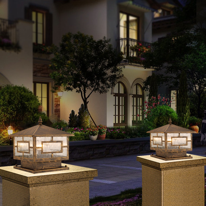 Traditional Chinese Waterproof Iron Glass Column Square 1-Light Landscape Lighting Outdoor Light For Garden Cuvalon