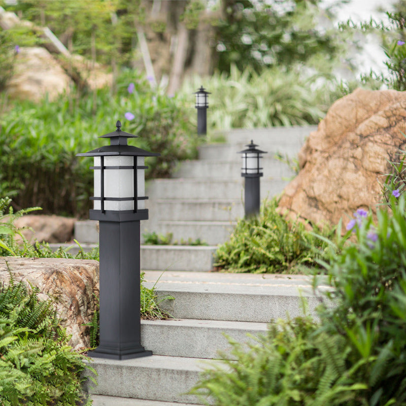 Traditional Chinese Waterproof Iron Glass Column Square 1-Light Landscape Lighting Outdoor Light For Garden Cuvalon