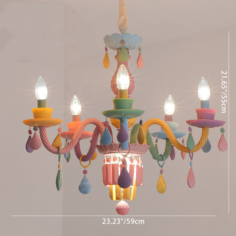 Modern Art Deco Kids Candle Colorful Stainless Steel Glass 5/6/8 Light Chandeliers For Bedroom Cuvalon