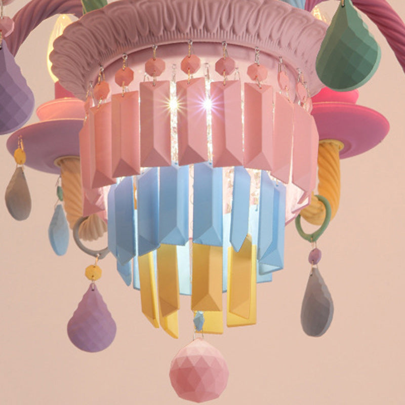 Modern Art Deco Kids Candle Colorful Stainless Steel Glass 5/6/8 Light Chandeliers For Bedroom Cuvalon