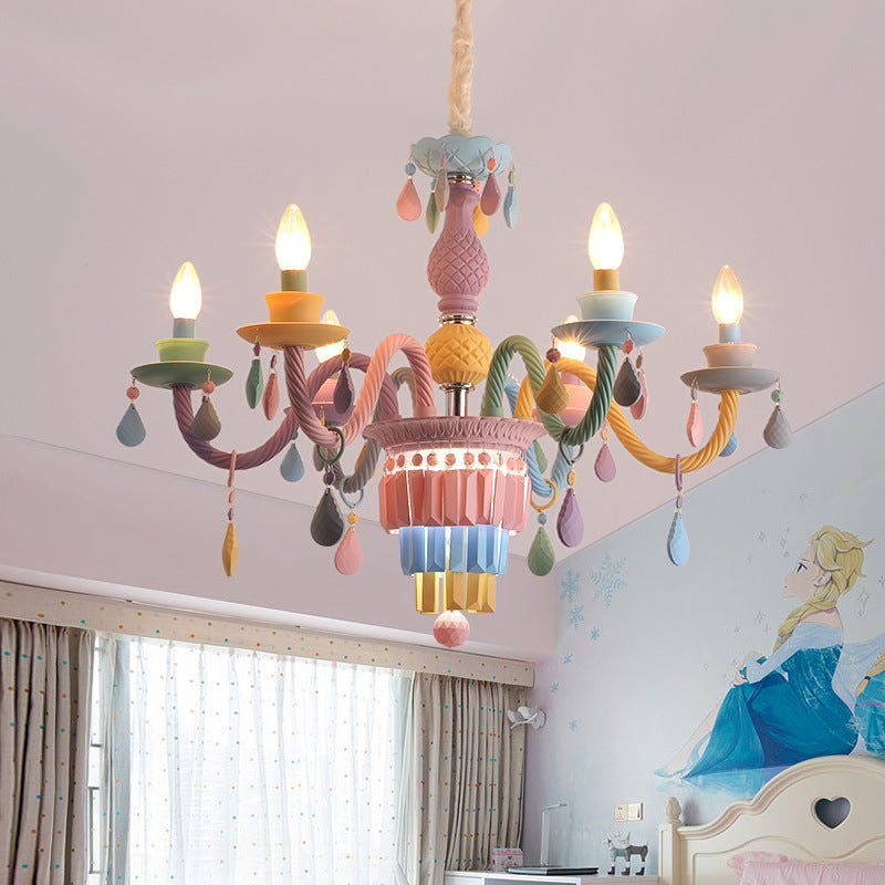Modern Art Deco Kids Candle Colorful Stainless Steel Glass 5/6/8 Light Chandeliers For Bedroom Cuvalon