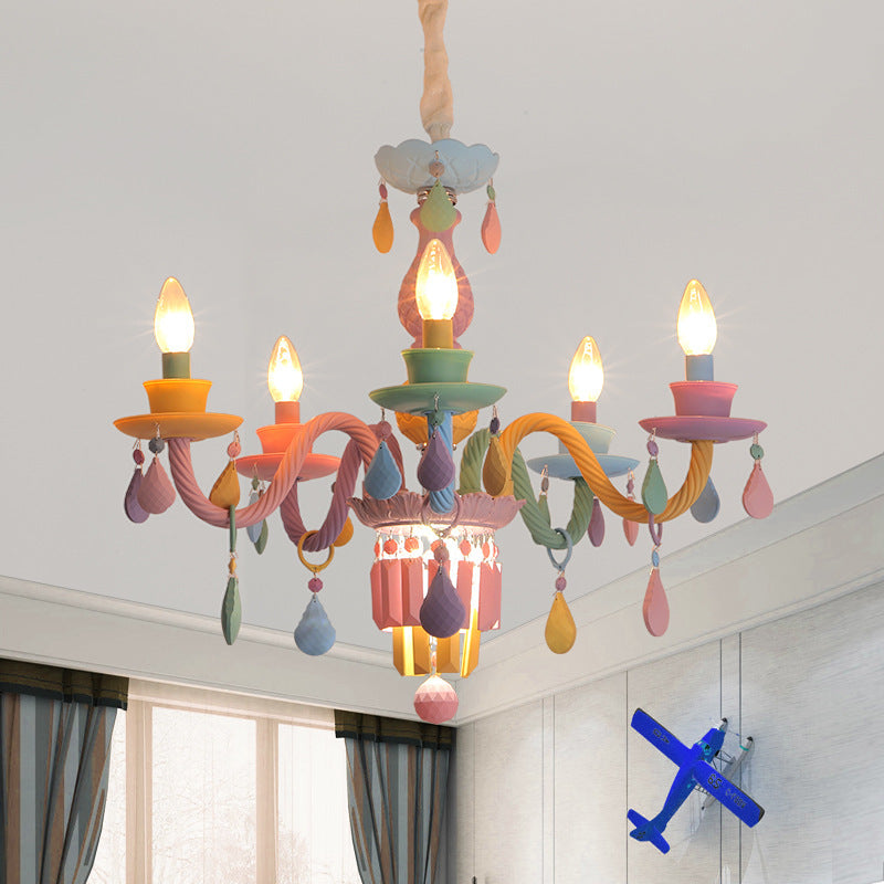 Modern Art Deco Kids Candle Colorful Stainless Steel Glass 5/6/8 Light Chandeliers For Bedroom Cuvalon