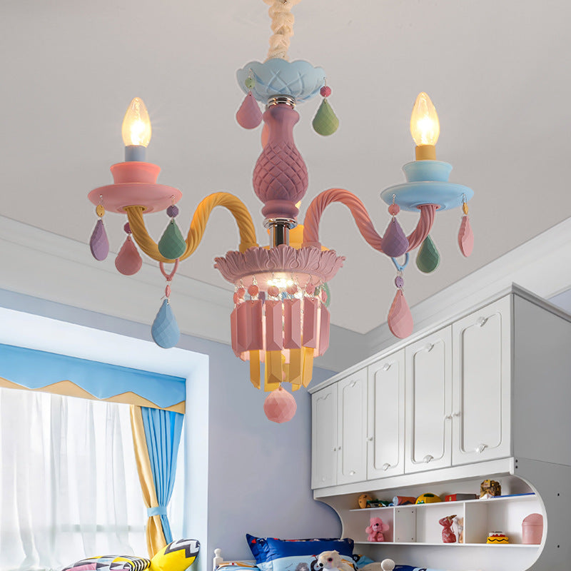 Modern Art Deco Kids Candle Colorful Stainless Steel Glass 5/6/8 Light Chandeliers For Bedroom Cuvalon