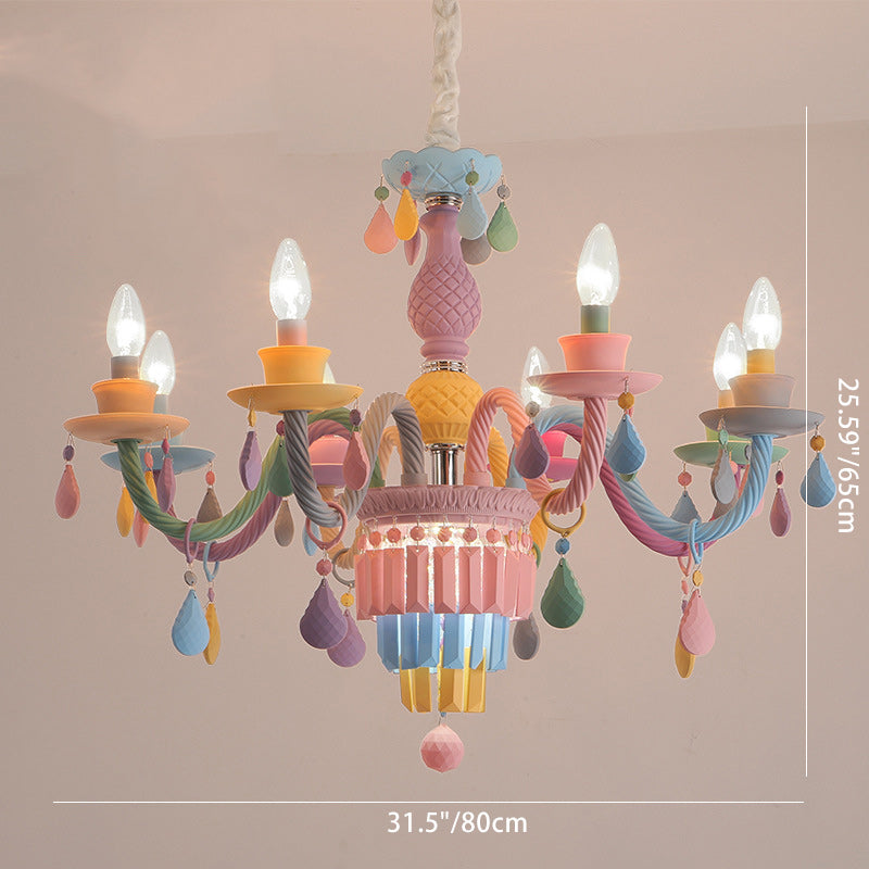 Modern Art Deco Kids Candle Colorful Stainless Steel Glass 5/6/8 Light Chandeliers For Bedroom Cuvalon