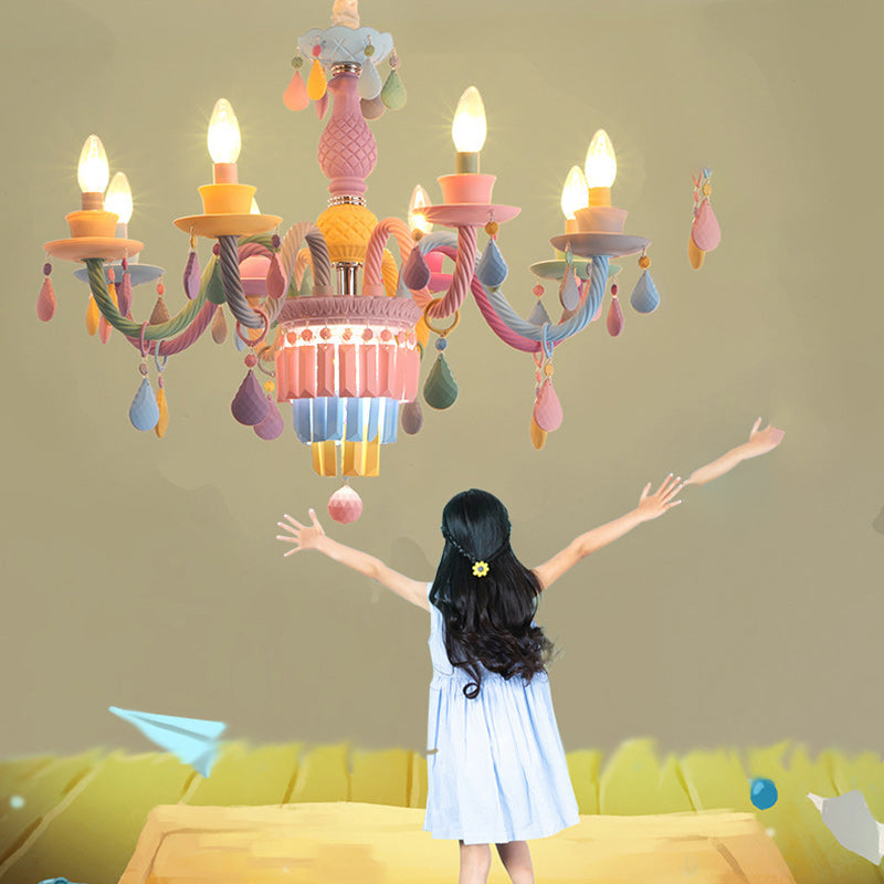 Modern Art Deco Kids Candle Colorful Stainless Steel Glass 5/6/8 Light Chandeliers For Bedroom Cuvalon