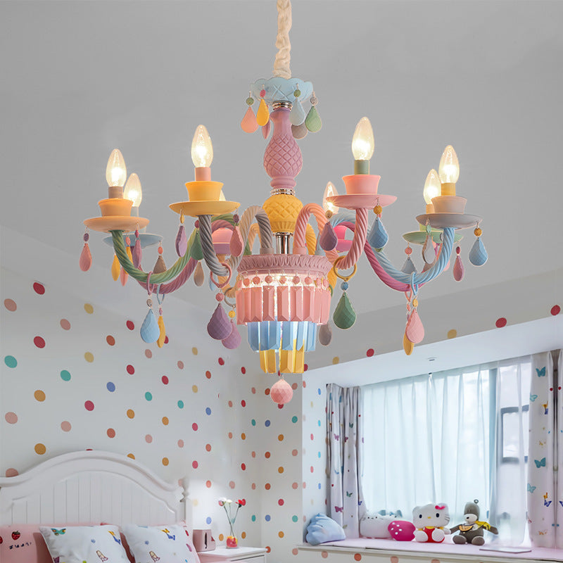 Modern Art Deco Kids Candle Colorful Stainless Steel Glass 5/6/8 Light Chandeliers For Bedroom Cuvalon