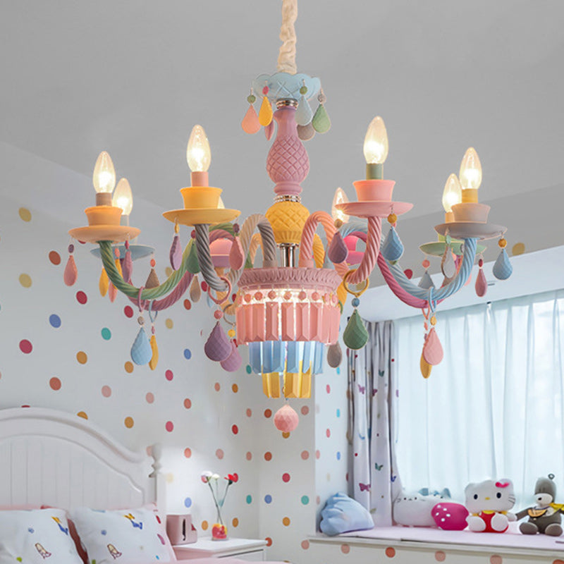 Modern Art Deco Kids Candle Colorful Stainless Steel Glass 5/6/8 Light Chandeliers For Bedroom Cuvalon