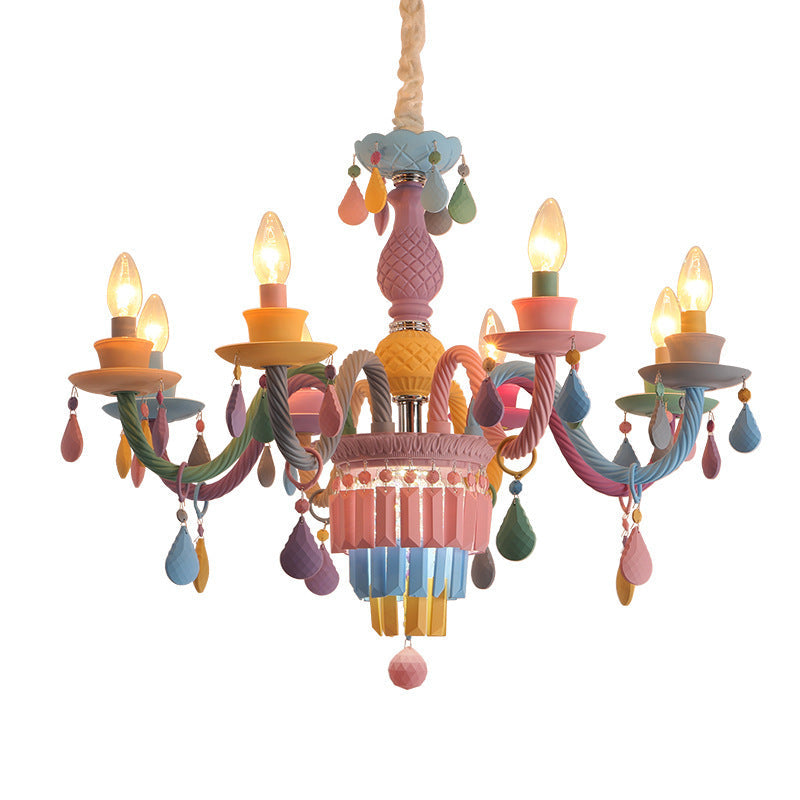 Modern Art Deco Kids Candle Colorful Stainless Steel Glass 5/6/8 Light Chandeliers For Bedroom Cuvalon