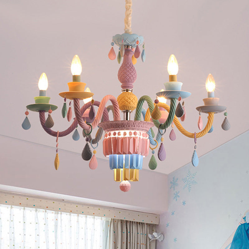 Modern Art Deco Kids Candle Colorful Stainless Steel Glass 5/6/8 Light Chandeliers For Bedroom Cuvalon