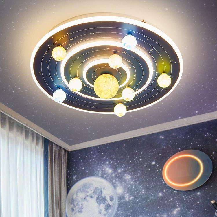 Contemporary Creative Kids Round Space Planet Iron LED Flush Mount Ceiling Light For Bedroom Cuvalon