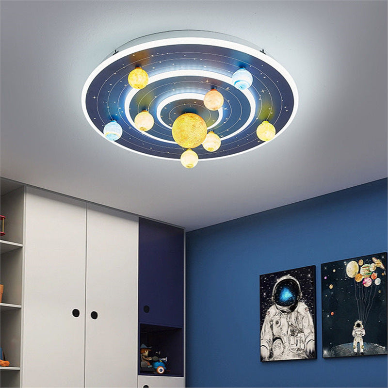 Contemporary Creative Kids Round Space Planet Iron LED Flush Mount Ceiling Light For Bedroom Cuvalon