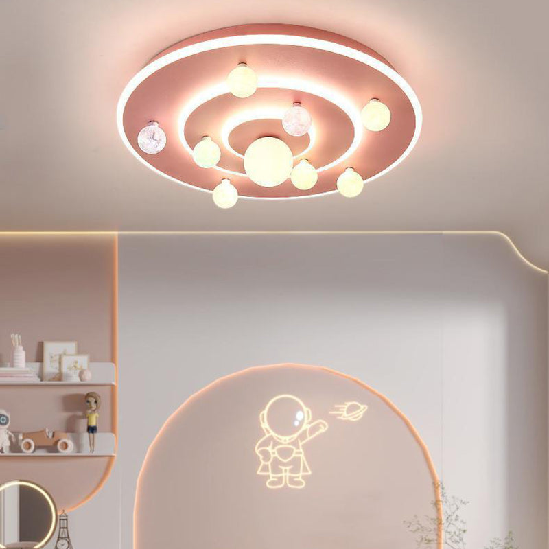 Contemporary Creative Kids Round Space Planet Iron LED Flush Mount Ceiling Light For Bedroom Cuvalon