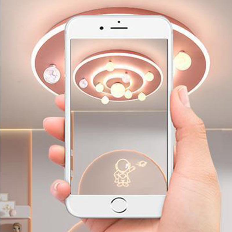 Contemporary Creative Kids Round Space Planet Iron LED Flush Mount Ceiling Light For Bedroom Cuvalon