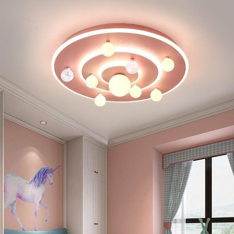 Contemporary Creative Kids Round Space Planet Iron LED Flush Mount Ceiling Light For Bedroom Cuvalon