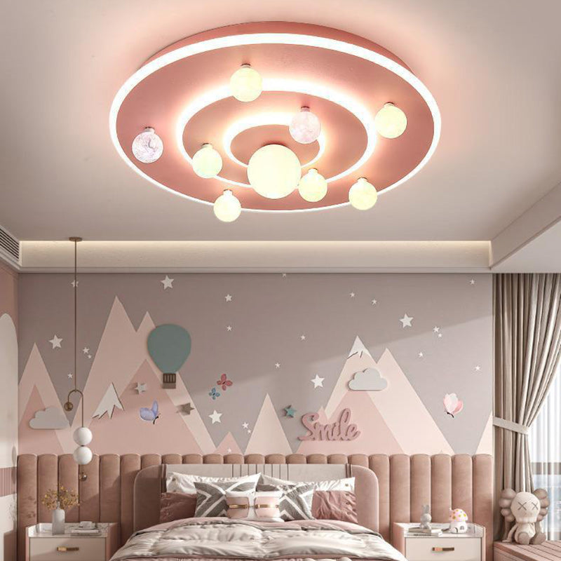 Contemporary Creative Kids Round Space Planet Iron LED Flush Mount Ceiling Light For Bedroom Cuvalon